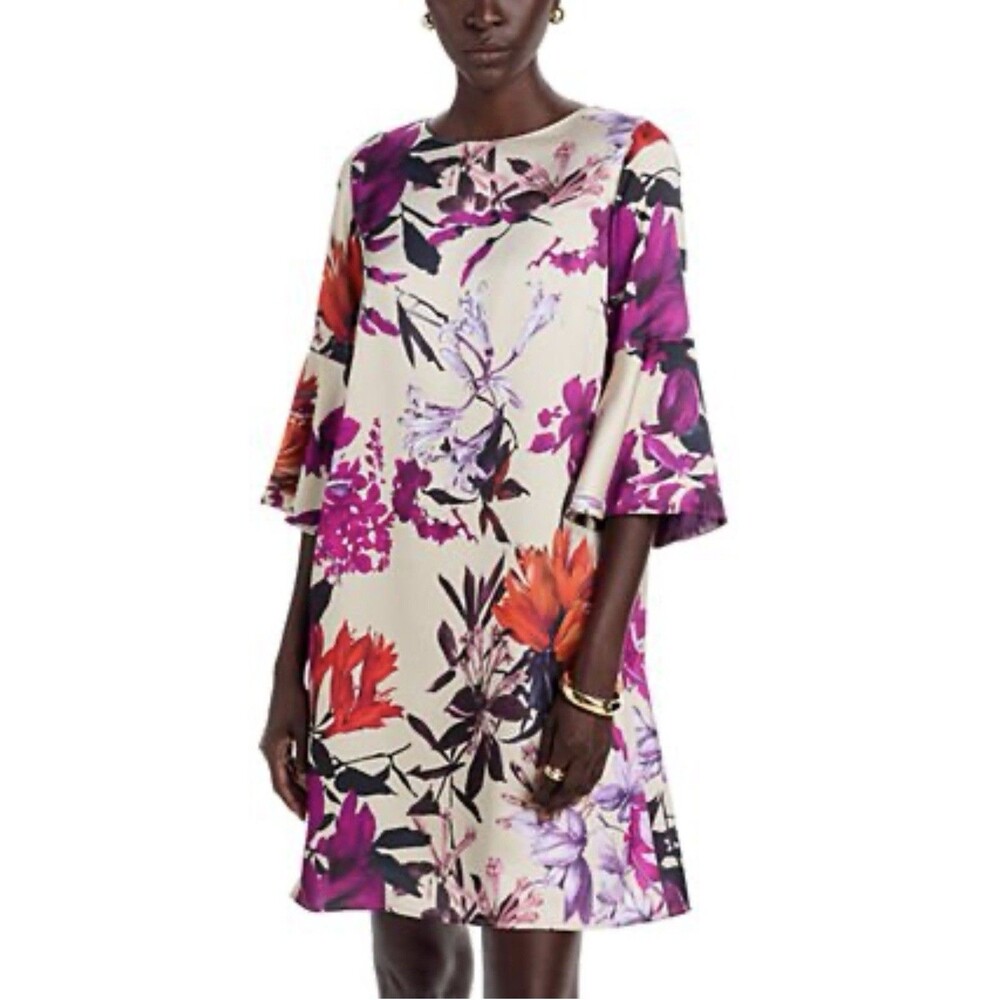 CAROLINE ROSE Bella Satin Floral Dress 3/4 Sleeves with Bell Cuffs. Sizes S / L